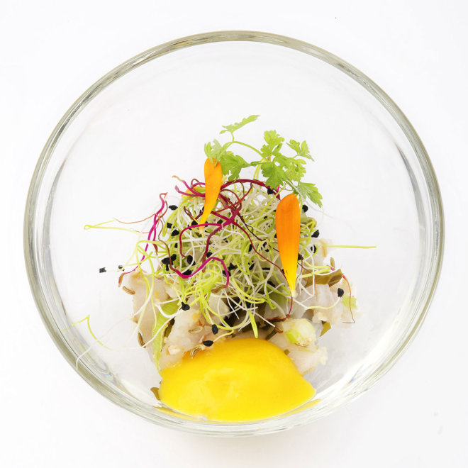 Ceviche de dorade aux algues de Bre - Tagne, Croquant de Cèleri et de Fe - Nouil, Coulis de Mangue Fraîche